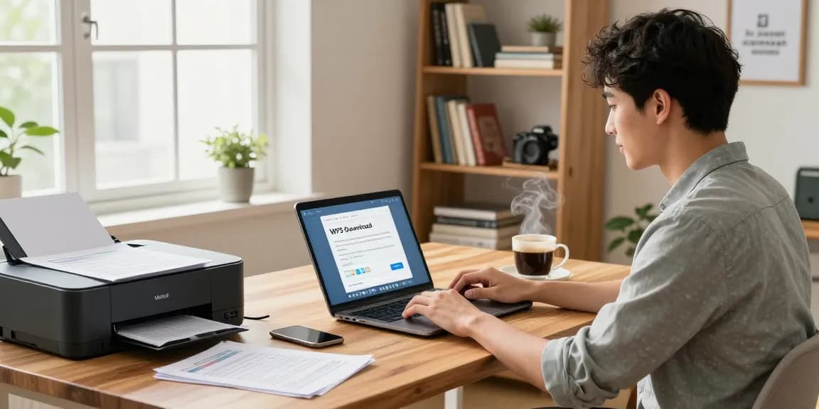WPS Download in a modern home office scene with a young professional at work on a laptop.