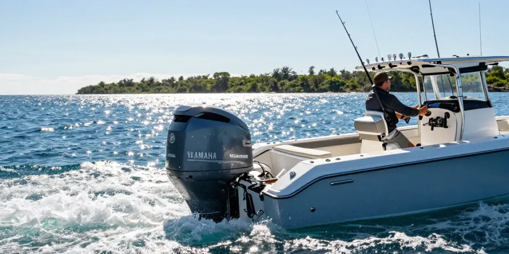 Yamaha outboard motor powering a fishing boat on sparkling waters, showcasing boating adventure.