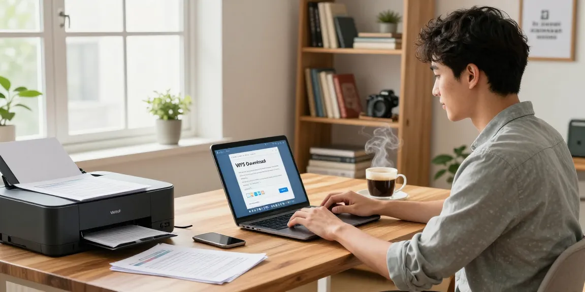WPS Download in a modern home office scene with a young professional at work on a laptop.