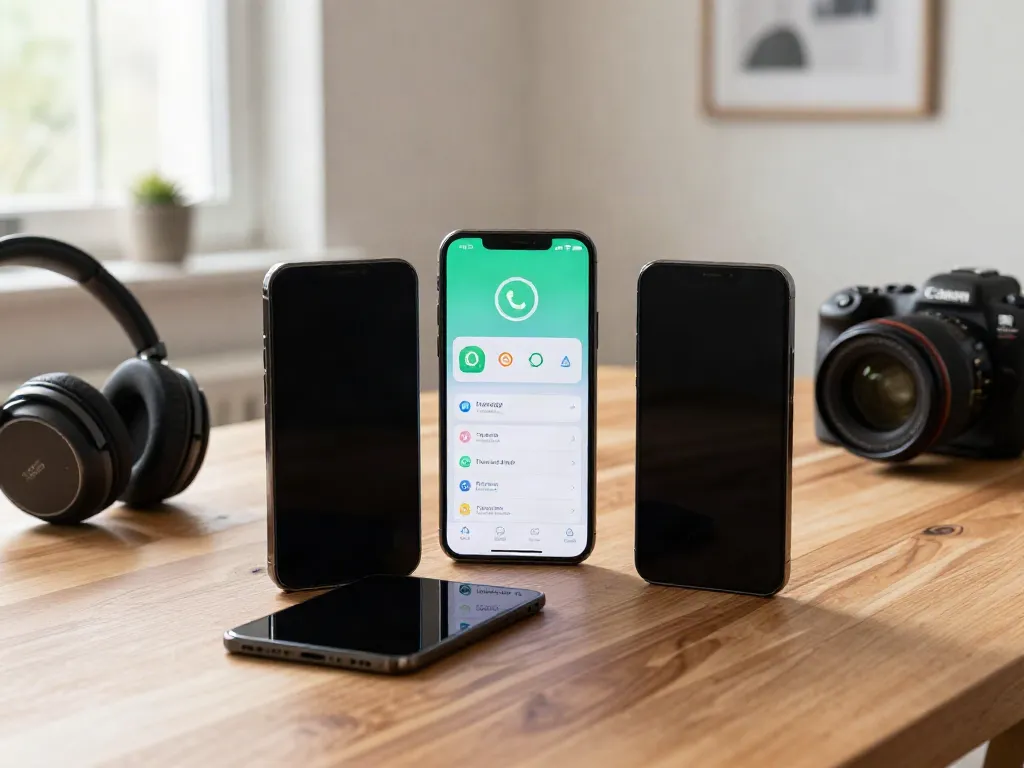 Showcasing FMWhatsApp APK features on a smartphone in a cozy workspace.