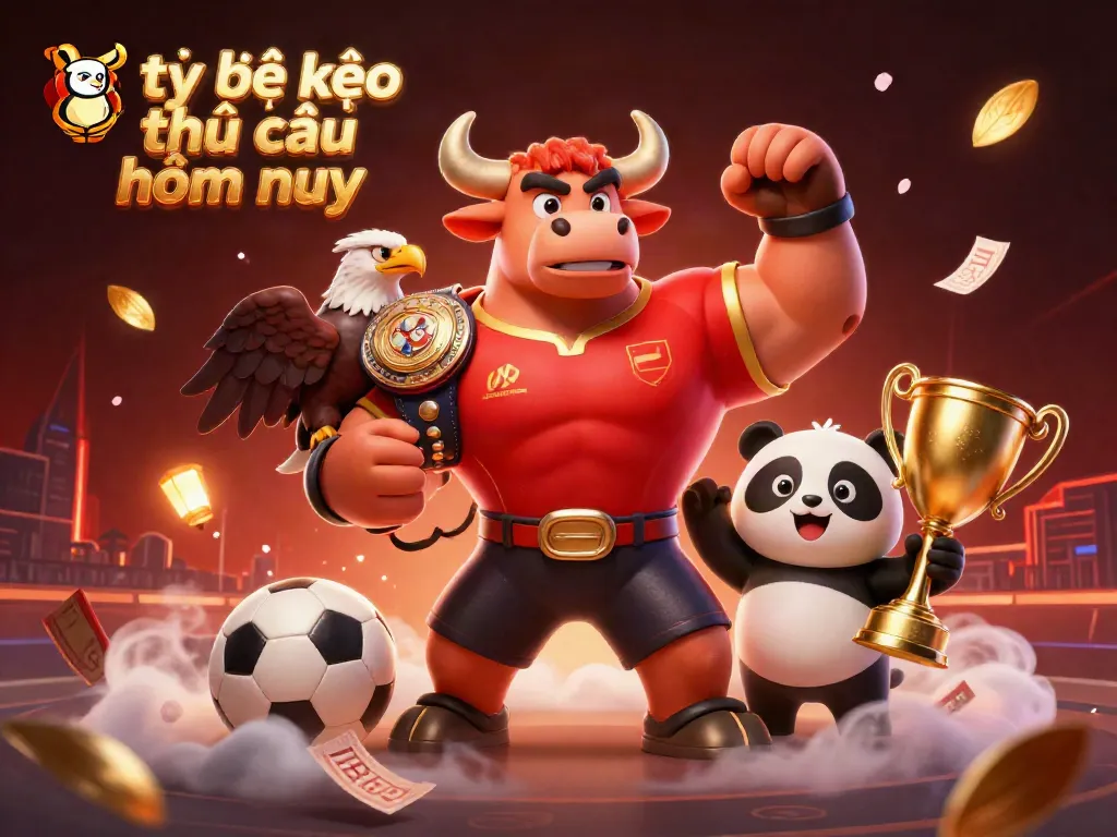 Tỷ lệ kèo nhà cái hôm nay showcases a victorious sports-themed scene with dynamic characters and vibrant casino elements.