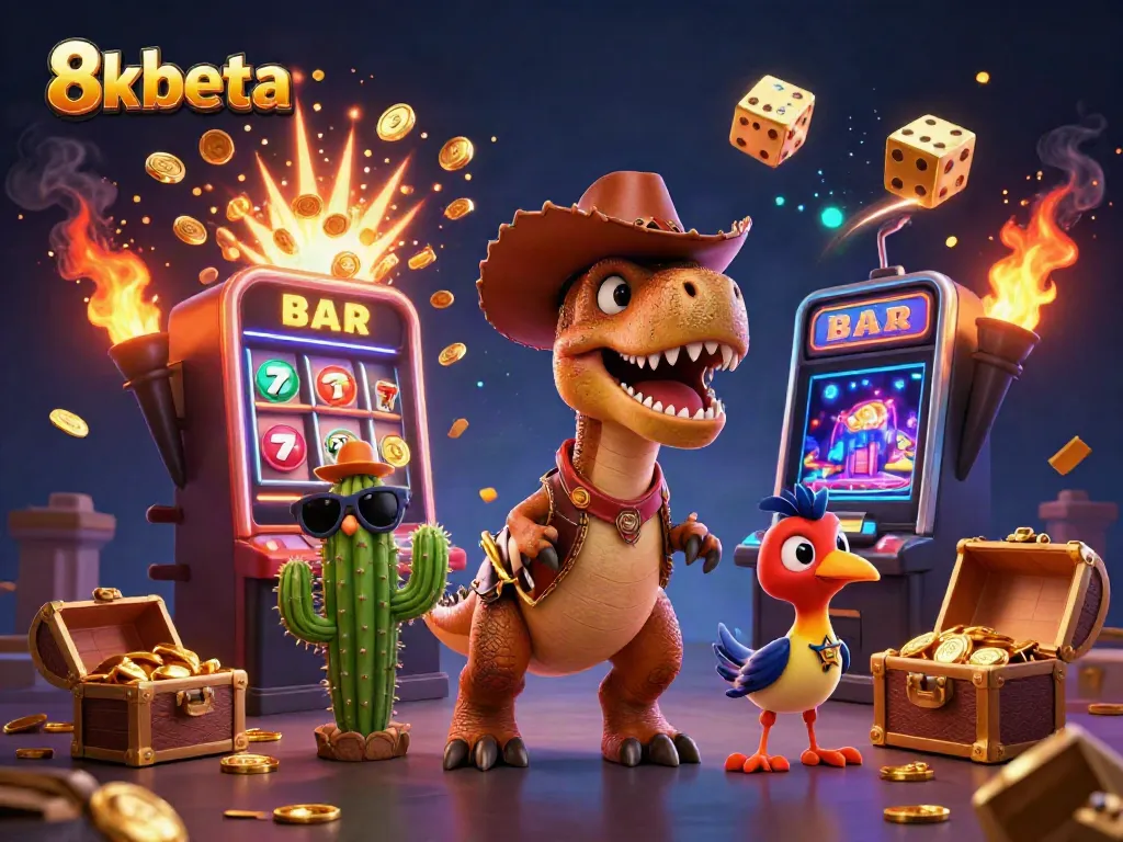 Experience thrilling action with 8xbeta in this vibrant 3D casino illustration featuring dynamic characters and jackpot elements.