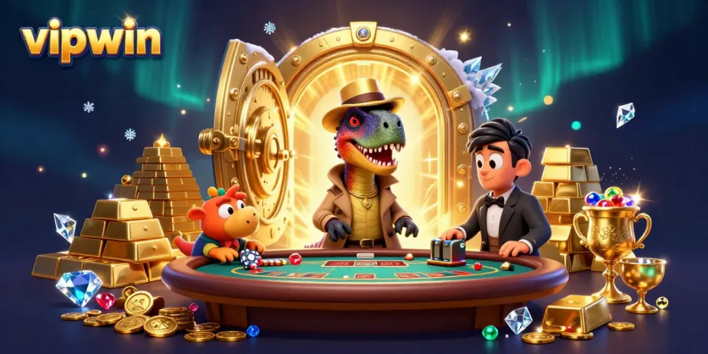 Experience engaging gambling with vipwin at a busy casino scene featuring cartoon dinosaurs and treasure.
