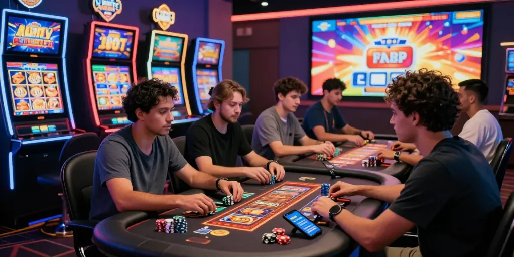 Permainan situs slot dengan pemain beragam dan mesin slot cerah penuh jackpot.