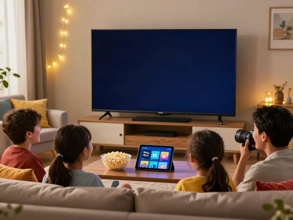 Family enjoying movie night with movie box download on smart TV in a cozy living room.