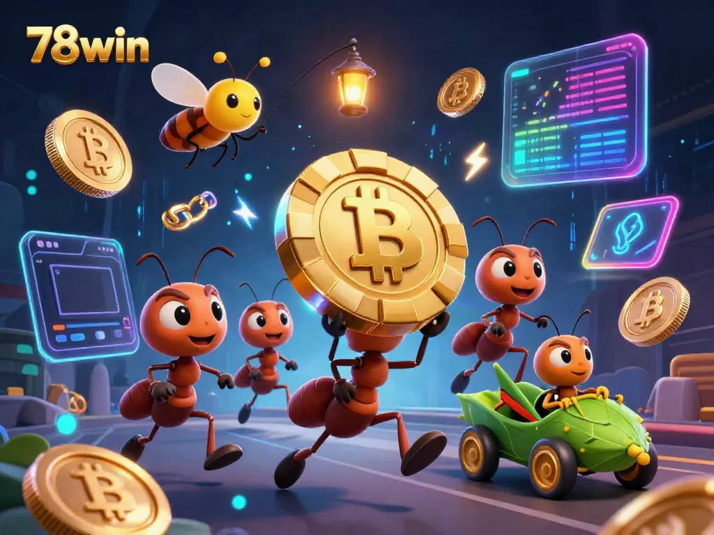 Incorporating 78win theme, cartoon ants steal a giant poker chip amidst vibrant casino elements