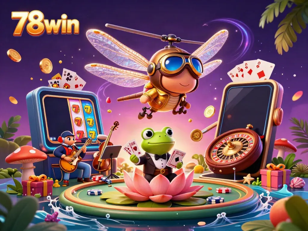 Engage in thrilling slots with 78win as a cartoon dragonfly pilot and frog dealer entertain players
