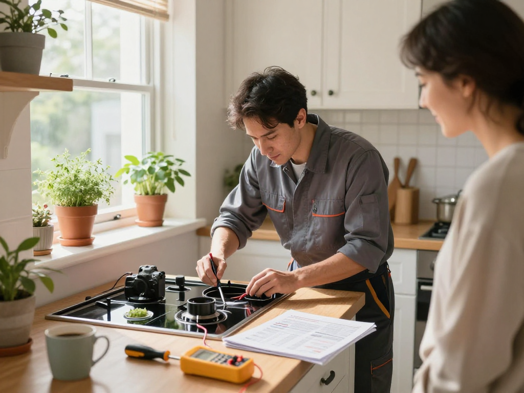 Range Repair Richmond Hill - technician fixing a range in a sunny kitchen, tools and herbs visible, showcasing home appliance service.