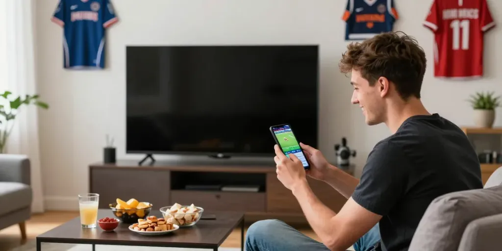 Young adult excitedly betting on sports using Bitcoin Sports Betting Canada in a stylish living room setting.