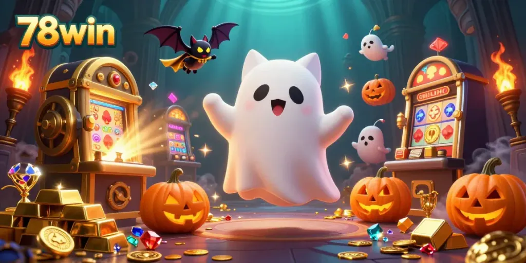 Experience the exciting world of 78win with a friendly ghost cat and a treasure-filled casino scene