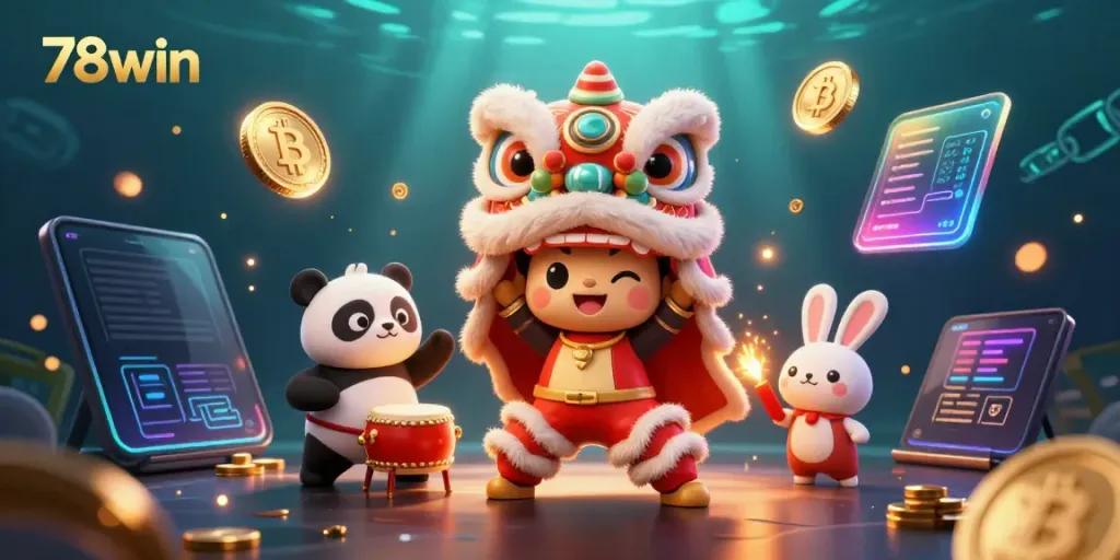 Experience exciting gambling at 78win, surrounded by colorful characters and crypto coins in a dynamic scene.