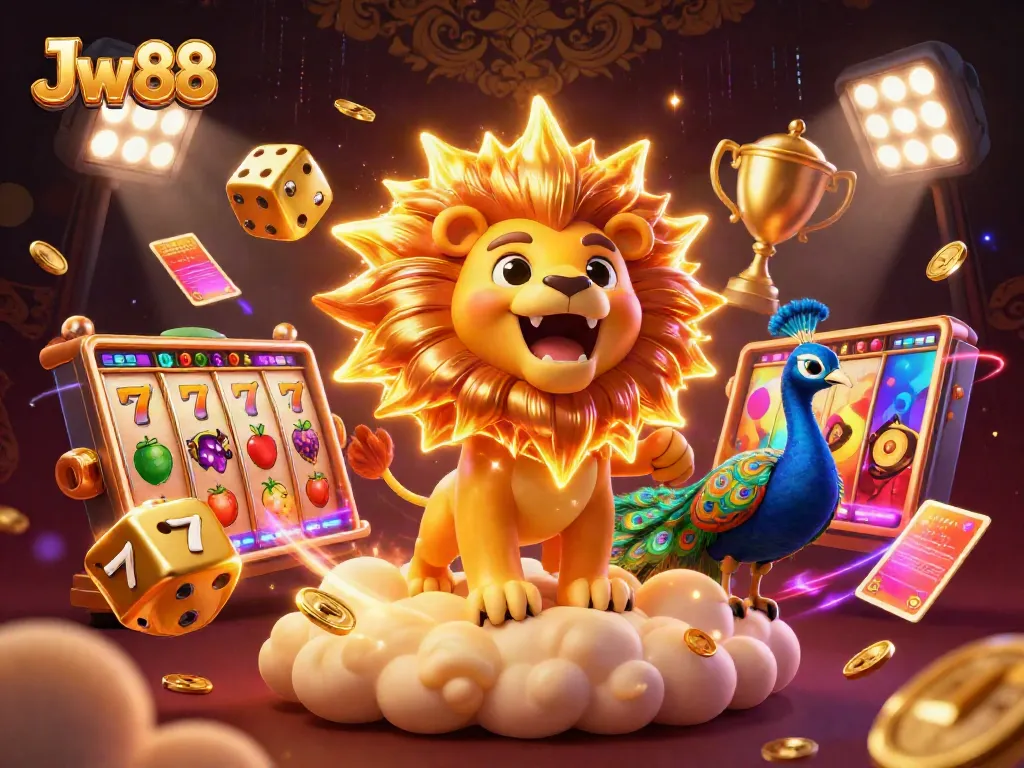 Engage in thrilling gameplay with Jw 88, showcasing a vibrant 3D casino scene filled with slot reels and golden elements.