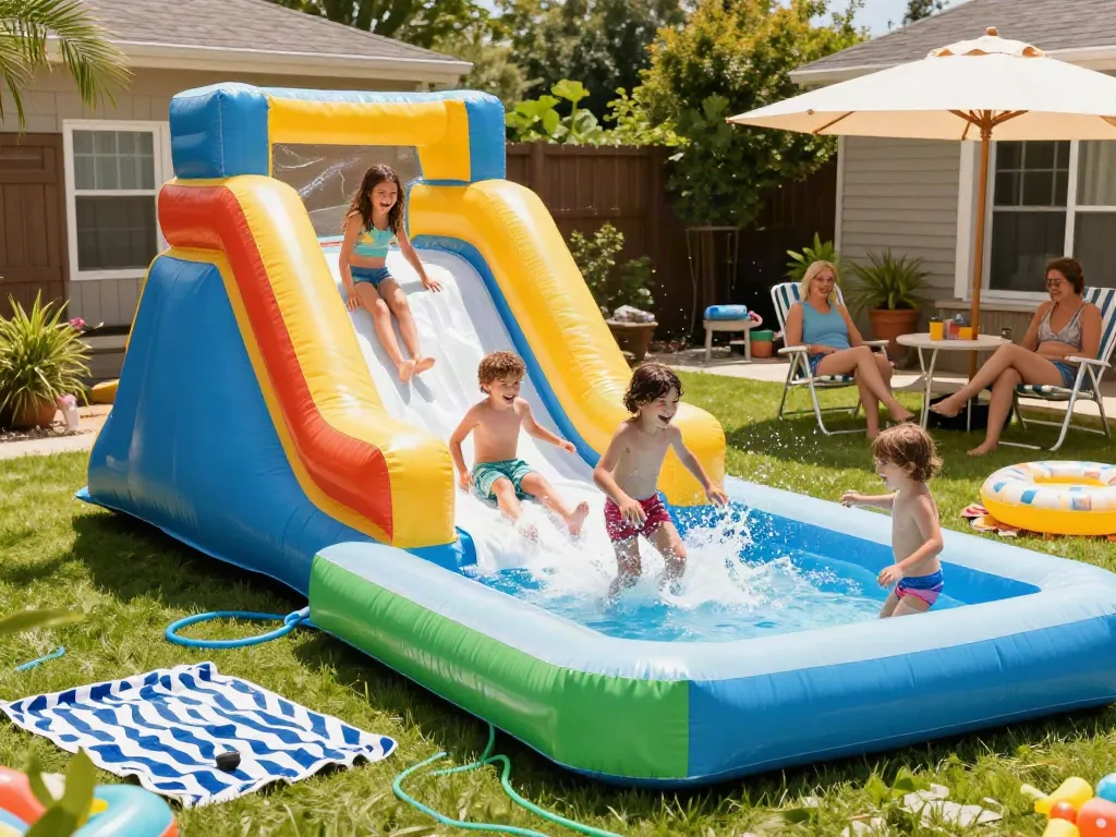 Excited kids enjoying a colorful inflatable water slide on a sunny day.
