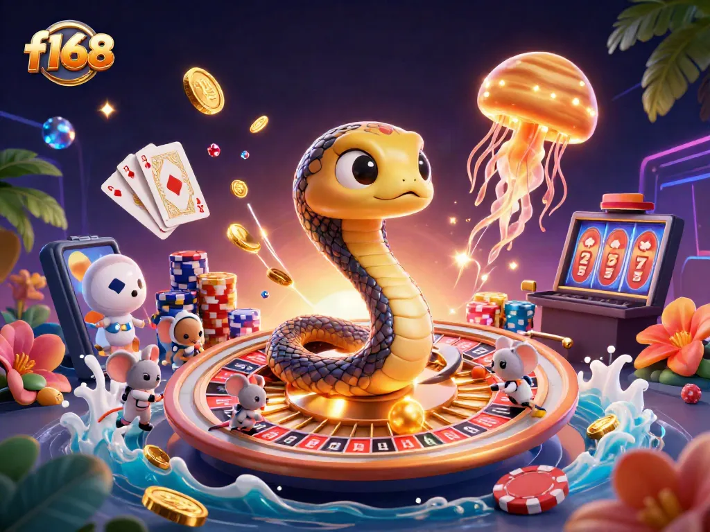 Engage with f168's cosmic casino experience featuring a roulette wheel and playful astronaut mice.