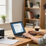 WPS Download in a modern home office scene with a young professional at work on a laptop.