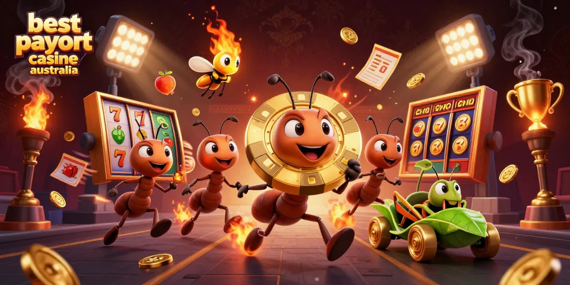Engaging illustration showcasing the best payout casino online Australia with ants and slot game elements.