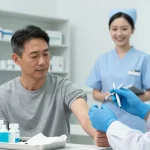 Administering injection with bd ultra fine pen needles in a clinical healthcare setting.
