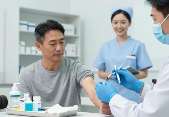 Administering injection with bd ultra fine pen needles in a clinical healthcare setting.