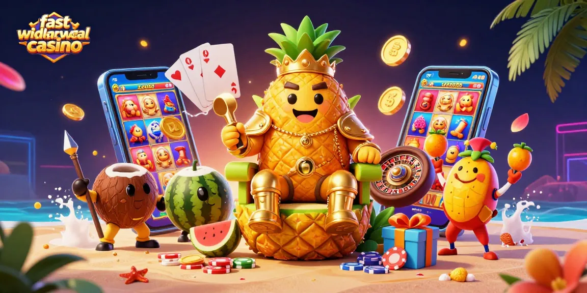 Hurry to a fast withdrawal casino with the golden pineapple king and vibrant gambling elements.